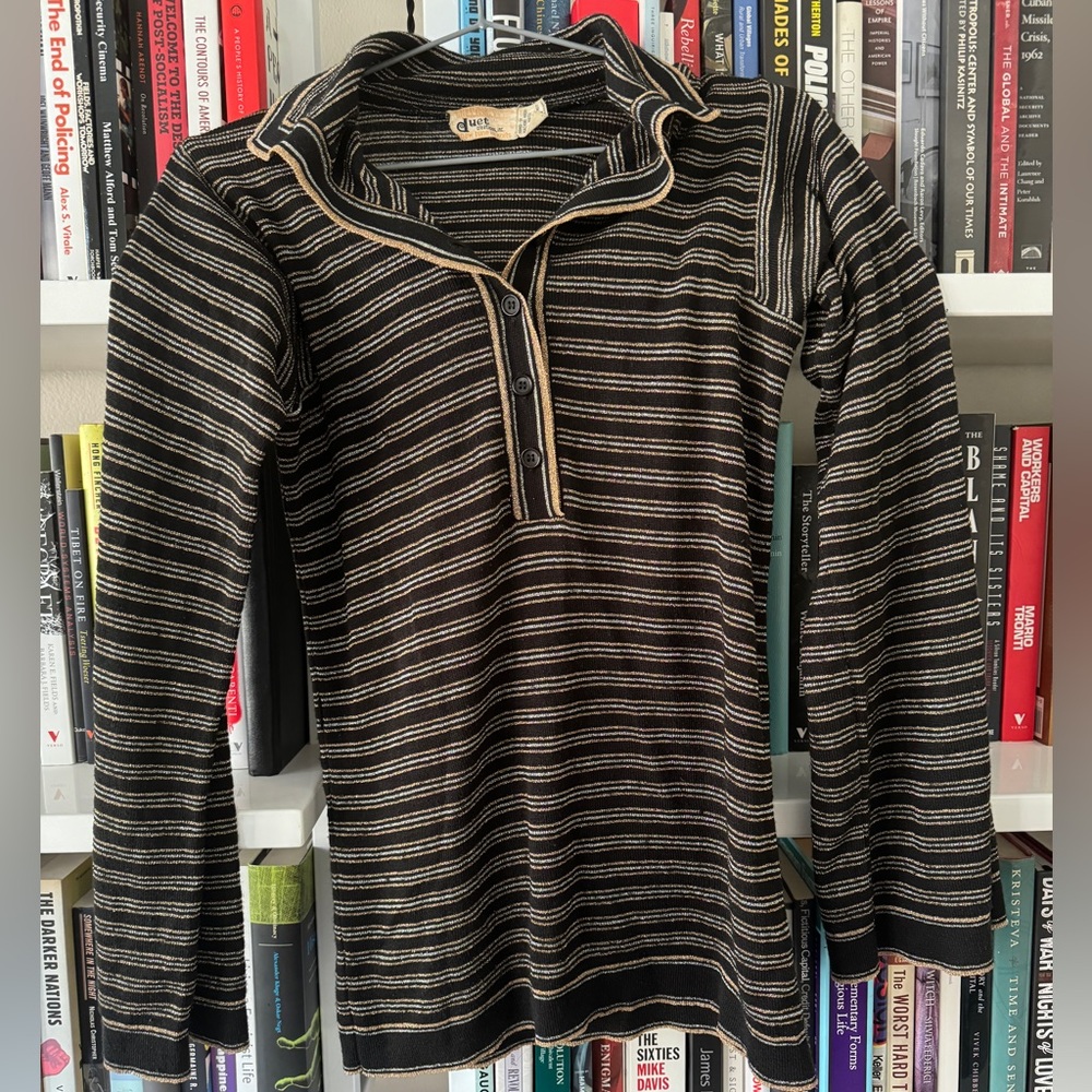 Vintage French gold and silver on black shiny metallic yarn striped sailor shirt